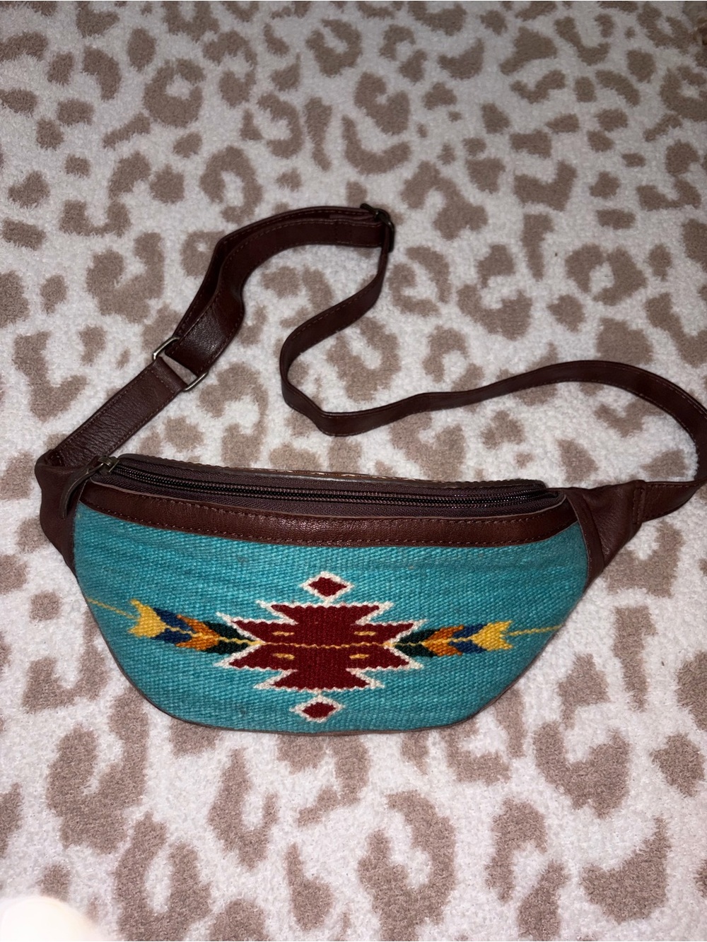 Turquoise Southwestern Pattern Waist Bag with Brown Trim